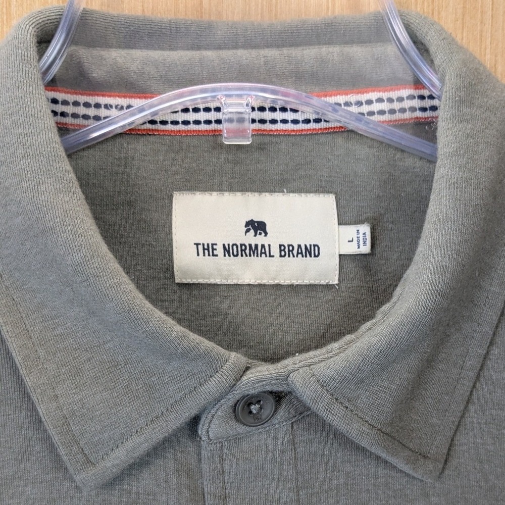 The Normal Brand Mens Large Olive Green Jersey Long Sleeve Button Down Shirt - Picture 3 of 9